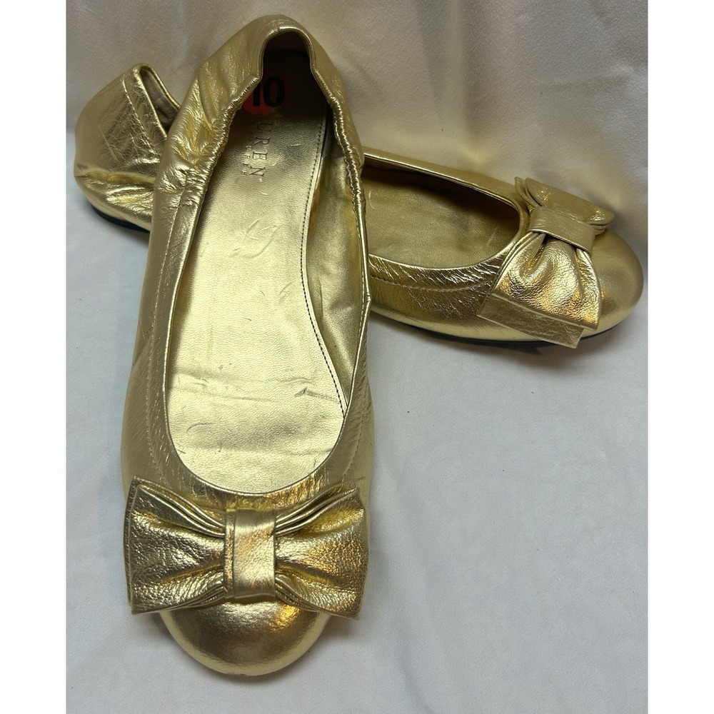 Lauren Ralph Lauren Womens Gold Ballet Flats 10 Stretch